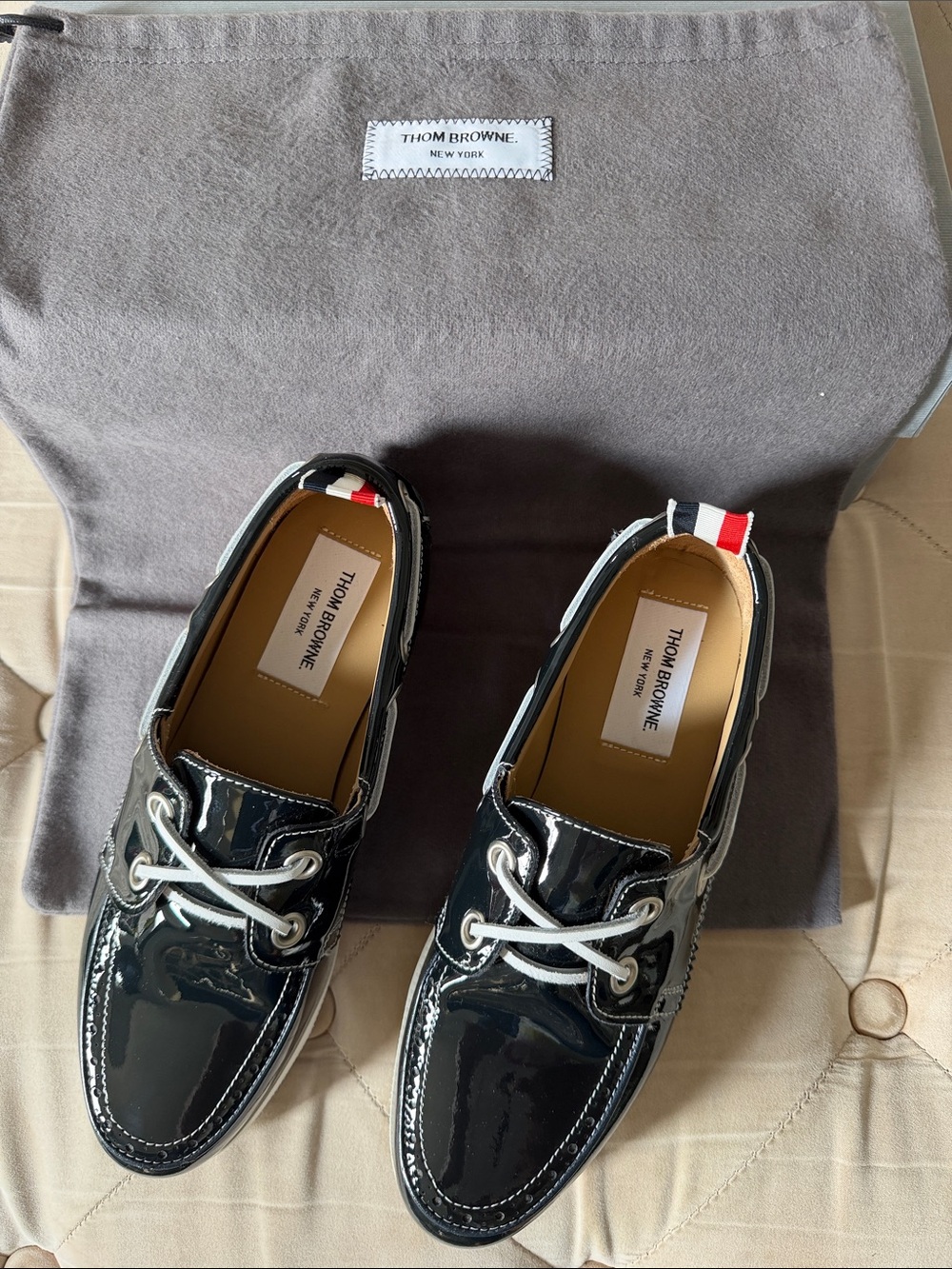 Thom Browne Blue Patent Leather Boat Shoes with White Laces